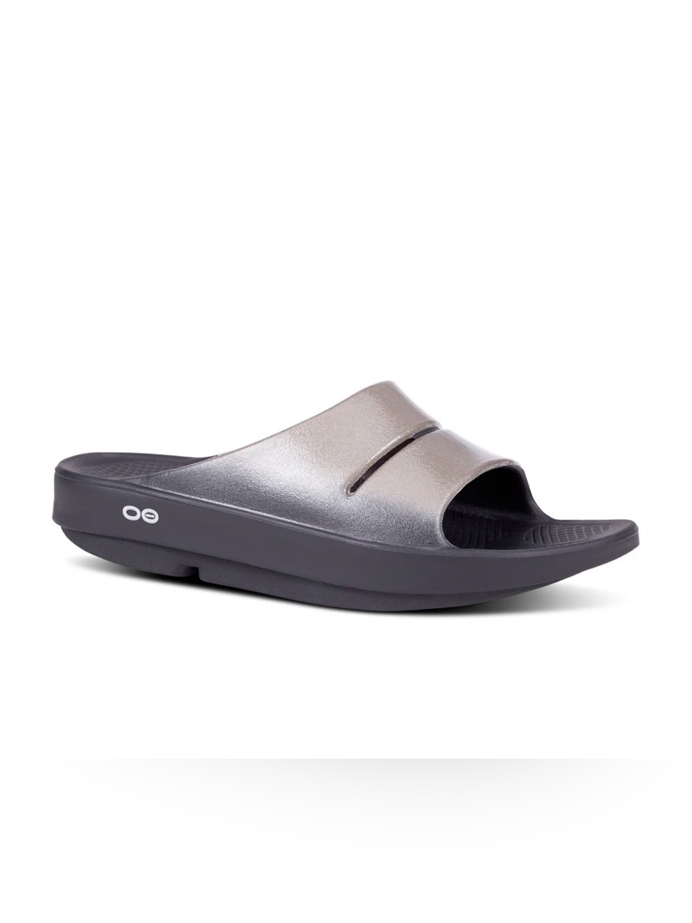OOFOS Metallic Silver and Dark Gray Slide Sandals
